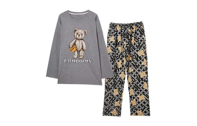 橡柠派 韩版时尚可爱灰色小熊情侣睡衣春夏款女长袖套装休闲家居服两件套 可外穿 情侣款 灰色