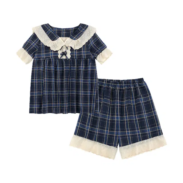 橡柠派 高级感格子短裤睡衣女可爱娃娃领短袖家居服套装学生格纹睡衣裤女夏天 家居套装