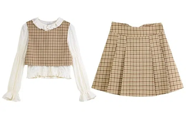 小镇姗姗 木耳花边长袖衬衫格纹马甲半身裙分体套装 女款 法式米杏