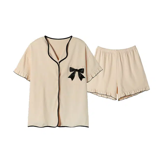 橡柠派 睡衣女春夏开衫棉质韩版可爱学生休闲小清新翻领家居服短袖短裤套装 可外穿