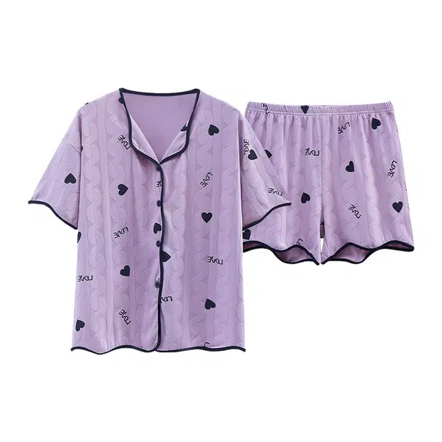 橡柠派 芋泥紫显白睡衣女春秋夏季短袖短裤甜美公主风套装家居服 可外穿