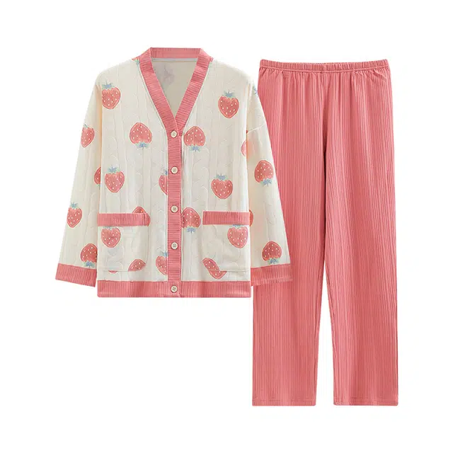 橡柠派 睡衣女春夏季长袖棉卡通可爱草莓宽松月子服可外穿家居服套装女士家居服