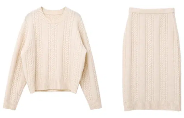 小镇姗姗 纯色针织绞花毛衣半身裙分体套装 女款 柔米白