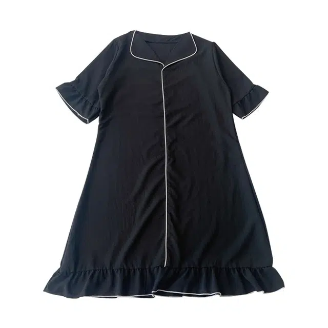 橡柠派 睡衣女夏款套头短袖中长款梭织棉麻睡裙可外穿家居服睡裙 女款 黑色
