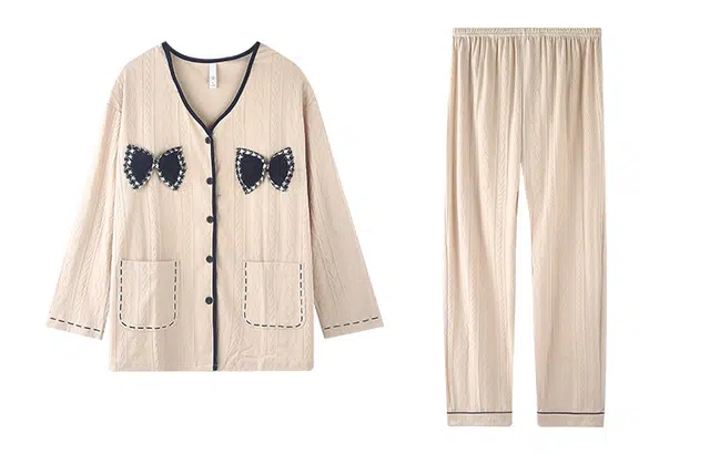 小情歌家居服睡衣 纯棉长袖长裤开衫套装 睡衣女夏季 女款 米黄色