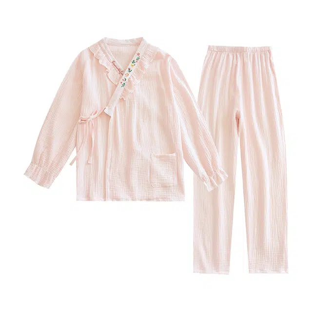 橡柠派 日系和服睡衣纯棉纱布 薄款长袖春夏开衫全棉舒适 家居套装 女款 樱花粉/雪梨白