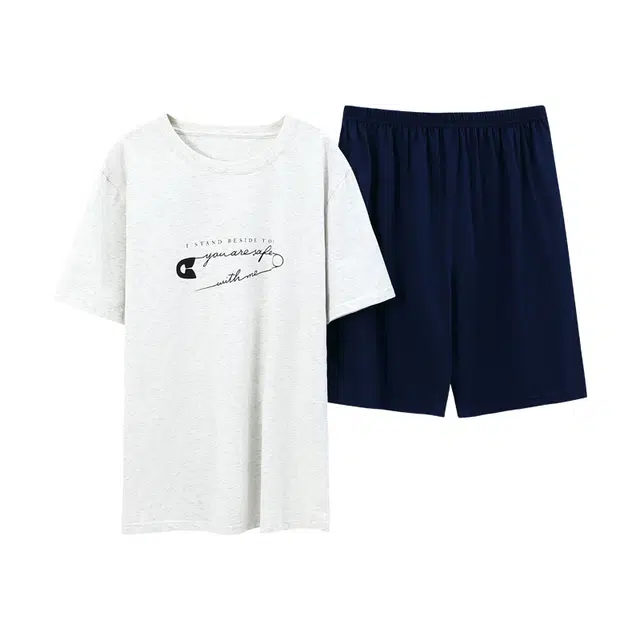 棉基因 纯棉短袖短裤 夏季圆领可外穿家居服套装 男款 浅灰