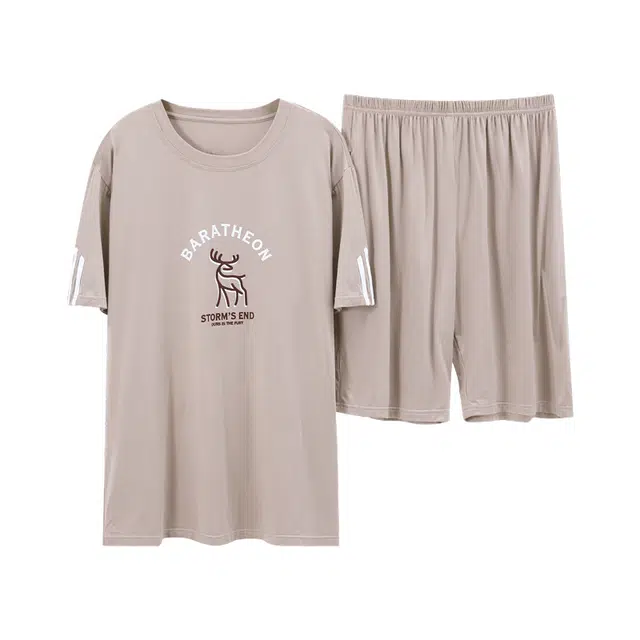 棉基因 夏季纯棉短袖短裤睡衣 宽松简约家居服套装 男款 浅咖色