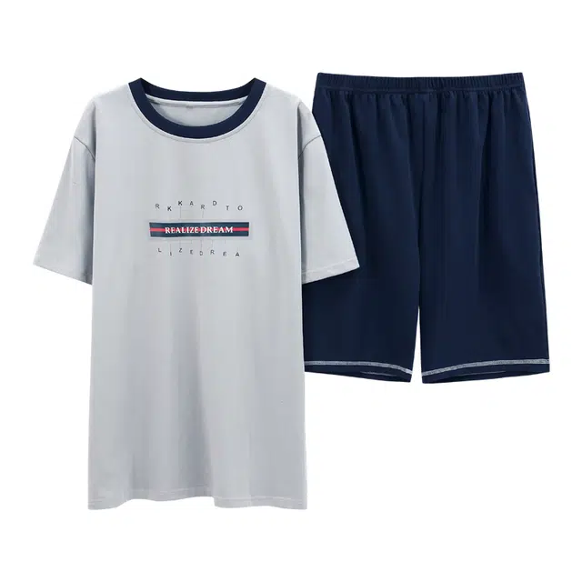 棉基因 纯棉短袖短裤睡衣 简约宽松 套头家居服 男款 灰蓝色