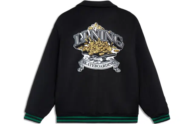 中国李宁 滑板系列 日进斗金 图案刺绣单排扣长袖棉服外套 男款 黑色