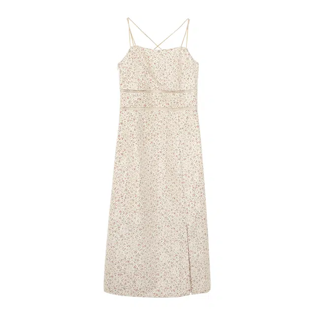 小镇姗姗早春浮光~宫廷风开叉设计小碎花连衣裙吊带裙女夏季