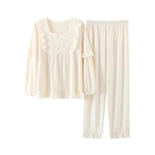 橡柠派 春夏睡衣女简约休闲纯色亲肤弹力透气套头长袖长裤家居服女款 象牙白 家居套装