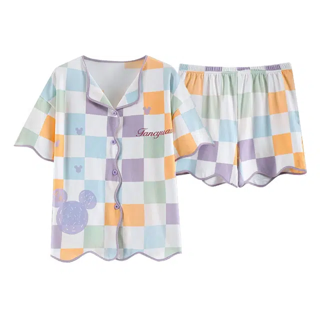 橡柠派 格子睡衣女夏季可爱彩色开衫短袖短裤两件套装学生可爱夏天家居服  家居套装 女款 星黛紫