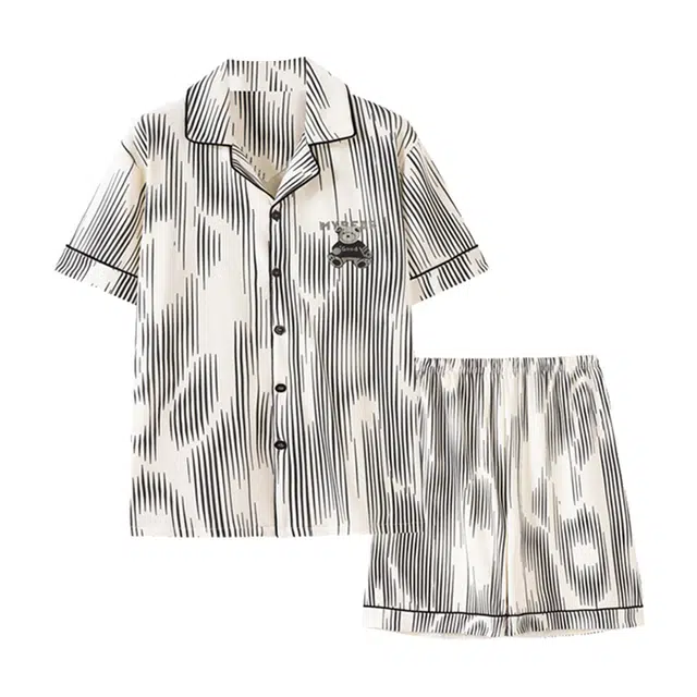 橡柠派 日系情侣睡衣女春夏款棉短袖短裤高级感条纹开衫男士夏季 家居套装 情侣款 条纹灰