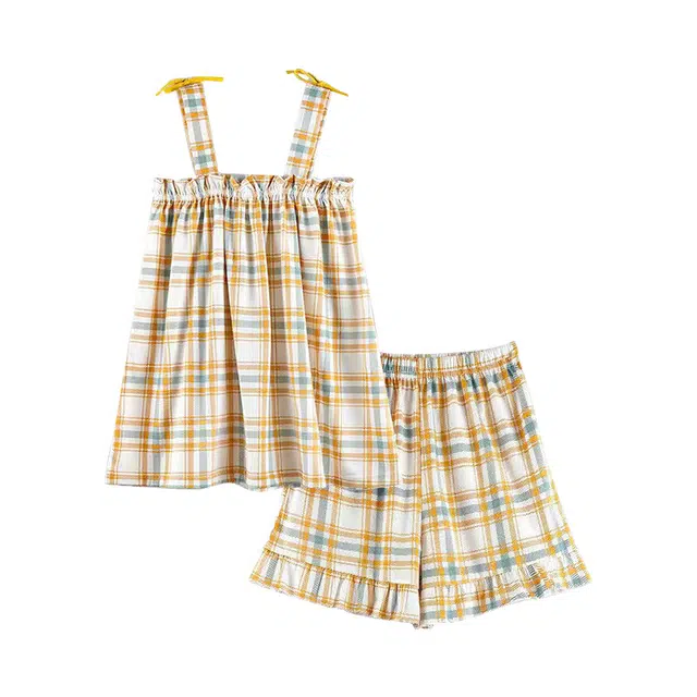 橡柠派 吊带睡衣女夏季两件套装棉质背心短裤无袖性感薄款甜美家居服 家居套装 女款 橙色格子