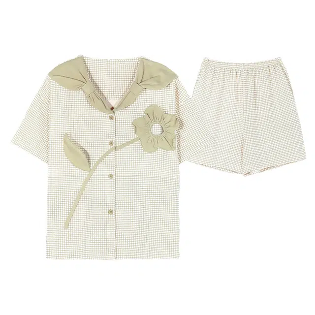 橡柠派 夏季睡衣女款短袖短裤两件套纯棉甜美小清新开衫 家居套装 女款 浅豆绿