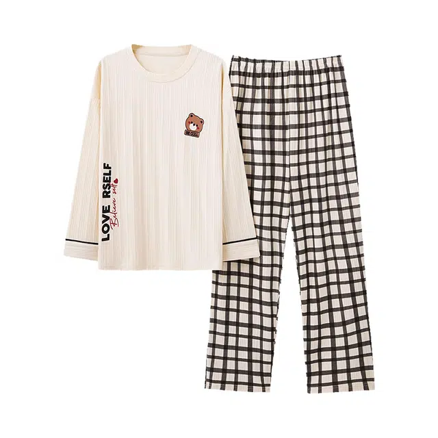 橡柠派 睡衣女针织棉长袖长裤套装两件套大码春夏休闲格子可爱家居服 家居套装 女款 象牙白