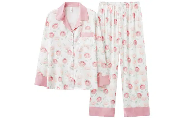 怡吾色 清新印花系列 春夏季长袖冰丝睡衣女家居服简约宽松可外穿套装  家居套装 女款