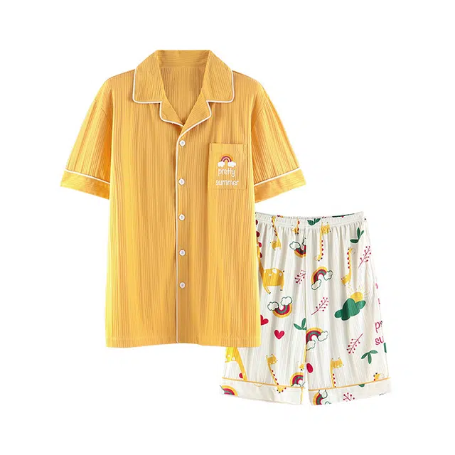 橡柠派 情侣睡衣夏款棉短袖开衫家居服可爱俏皮卡通男女套装薄款 家居套装 情侣款 橙黄色