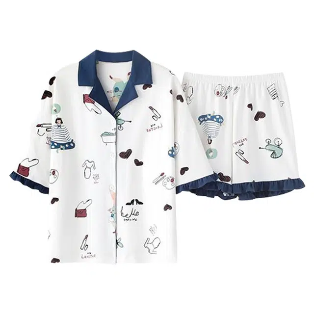 橡柠派 夏季睡衣女薄款翻领开衫法式甜美短袖家居服少女学生可外穿睡衣套装女款 蓝色 家居套装