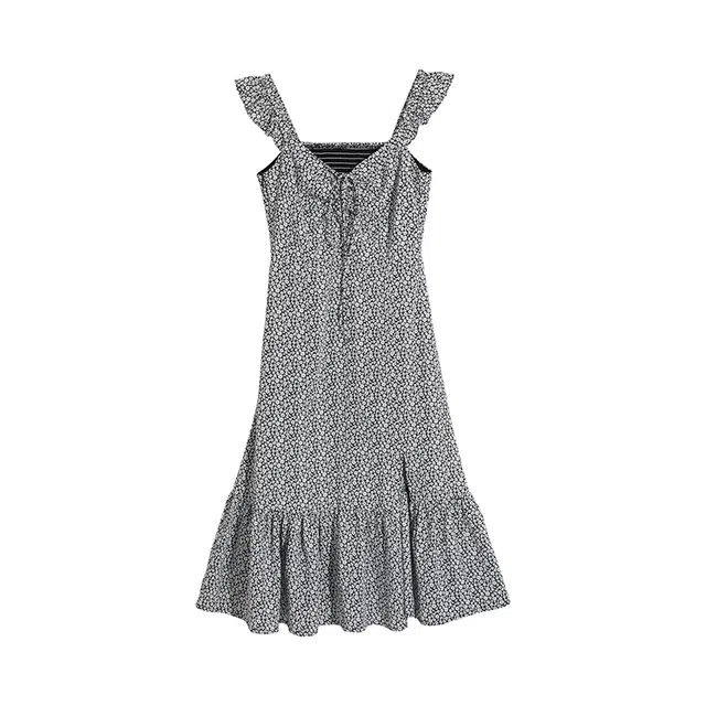 小镇姗姗 兰亭序~小飞袖开叉系带复古碎花无袖吊带连衣裙女夏