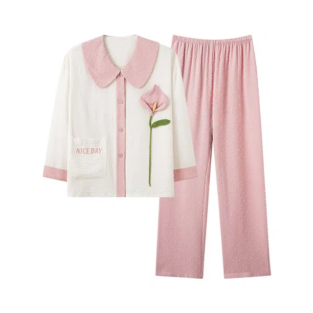 橡柠派 女士家居服长袖开衫休闲可外穿梭织棉日系小香风翻领可爱睡衣家居套装 女款 蜜桃粉