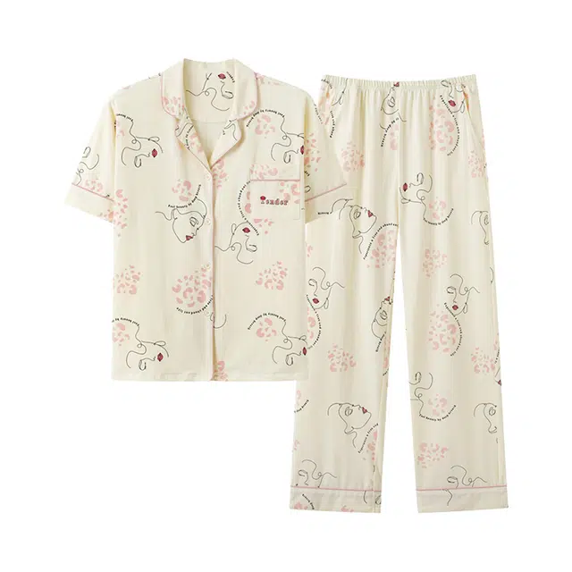 橡柠派 睡衣女春夏款纯棉短袖高级感印花薄款夏季可外穿家居服套装 女款 鹅黄色 家居套装