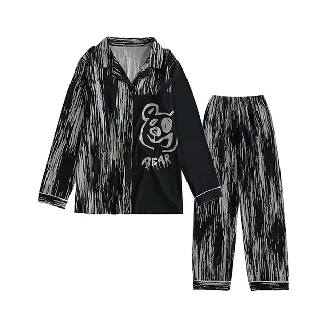 橡柠派 情侣装睡衣女长袖开衫翻领男士卡通韩版家居服可外穿家居套装 情侣款 复古黑