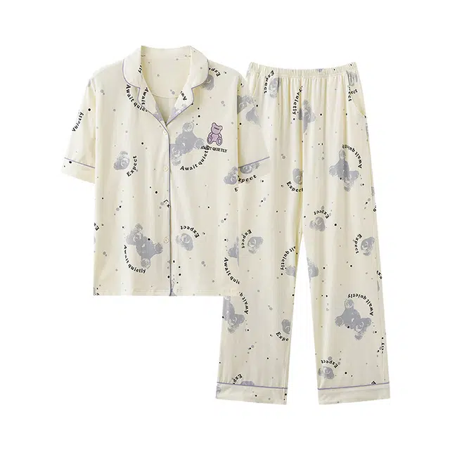 橡柠派 家居服女 纯棉睡衣女短袖长裤全棉开衫翻领可外穿家居服 女款 家居套装 奶白色