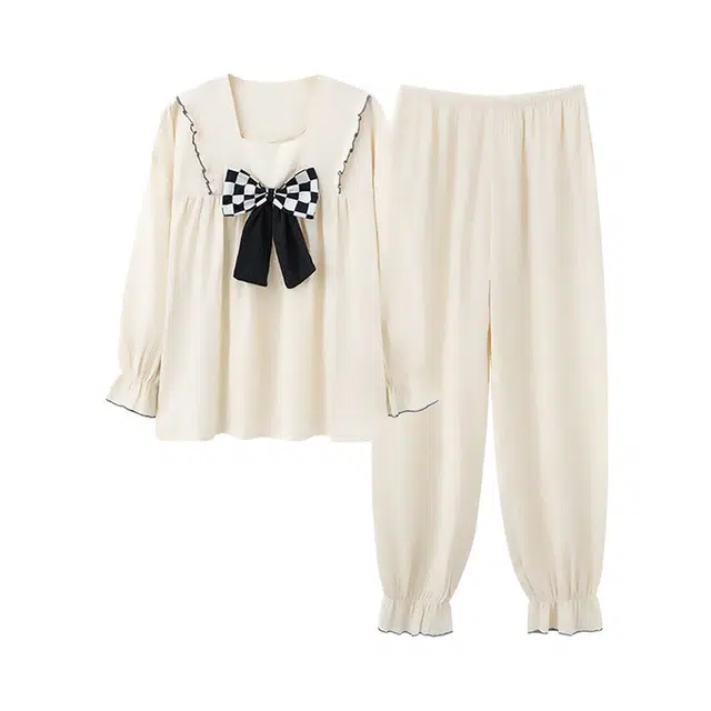 橡柠派 娃娃领睡衣女款春夏季纯棉纱长袖高级感日系甜美少女家居套装 女款 奶白色