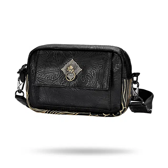 初弎 国风元素狮子头云纹花生纹刺绣街头潮流休闲百搭小方包通勤包斜挎包骑行包单肩包 男女同款