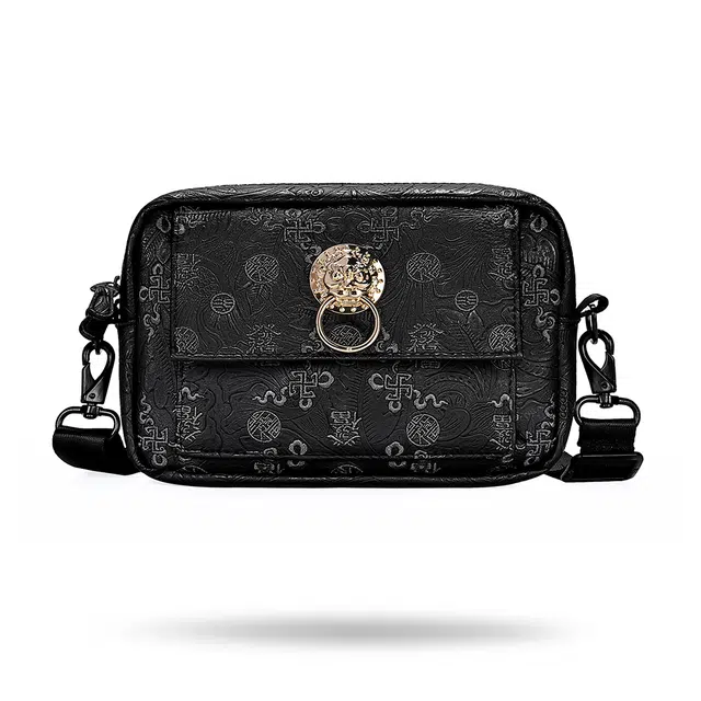 初弎 發福国风元素狮子头老花满印花生纹刺绣原创设计街头潮流休闲百搭便携通勤小方包单肩包斜挎包 男女同款情侣款 黑色