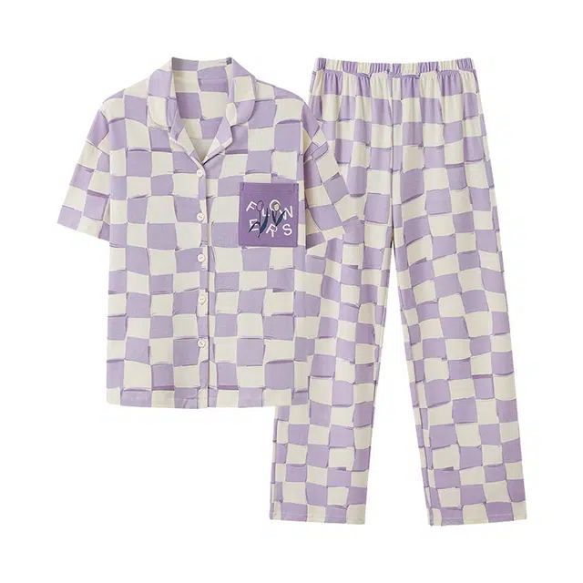 橡柠派 日系睡衣女夏季薄款棉短袖长裤居家服棋盘格夏天可外穿家居套装 女款 浅紫色