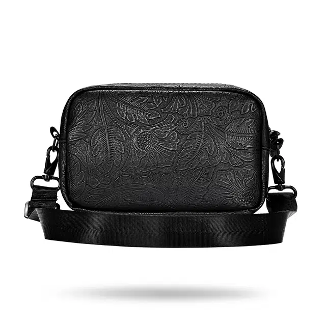 初弎 發福国风元素狮子头老花满印花生纹刺绣原创设计街头潮流休闲百搭便携通勤小方包单肩包斜挎包 男女同款情侣款 黑色