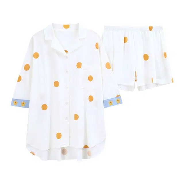 橡柠派 纯棉睡衣女夏季短袖短裤全棉日系小香风开衫薄款甜美简约家居服 家居套装 女款 象牙白