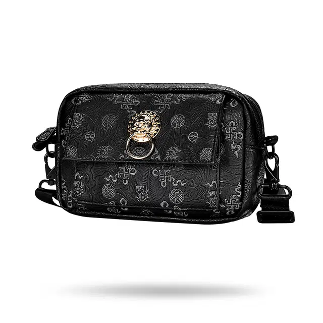 初弎 發福国风元素狮子头老花满印花生纹刺绣原创设计街头潮流休闲百搭便携通勤小方包单肩包斜挎包 男女同款情侣款 黑色