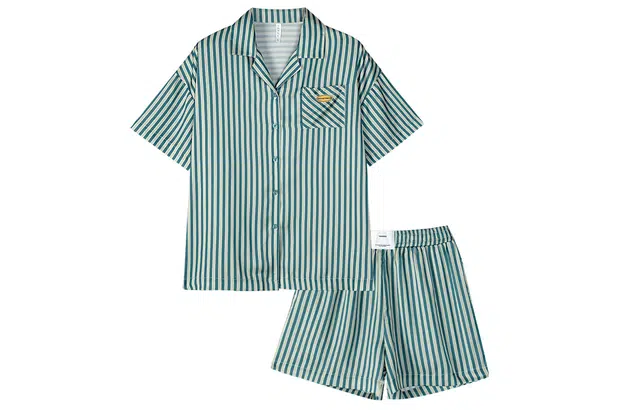 同语 睡衣夏季冰丝短袖条纹套装高级感可外穿女士家居服夏天 家居套装 女款 竖条吐绶蓝