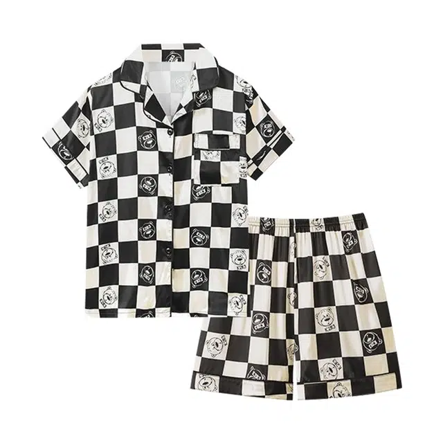 橡柠派 凉感冰丝睡衣 夏季薄款短袖开衫 卡通棋盘格家居套装 女款 棋盘格