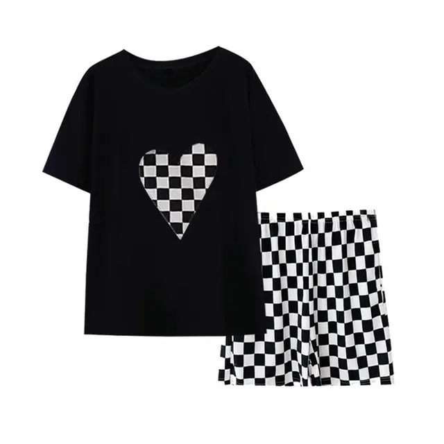 橡柠派 夏季睡衣女薄款短袖爱心棋盘格居家服休闲柔软宽松大码家居套装 女款 高级黑