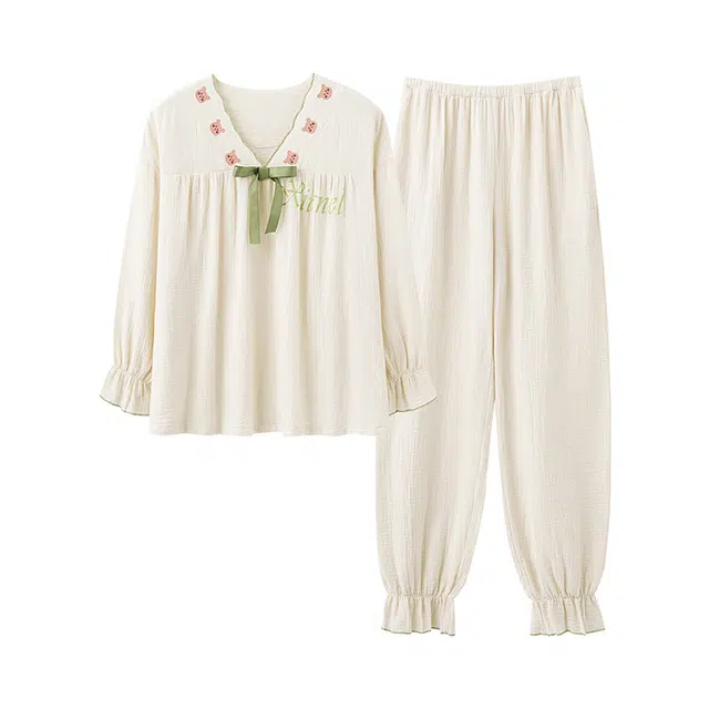 橡柠派 纯棉纱布睡衣女春夏款长袖长裤少女可外穿薄款学生家居套装 女款 奶白色