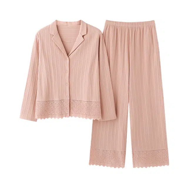 橡柠派 睡衣女士春夏纯棉长袖开衫可外穿家居服全棉宽松韩版大码 家居套装 女款 藕粉色