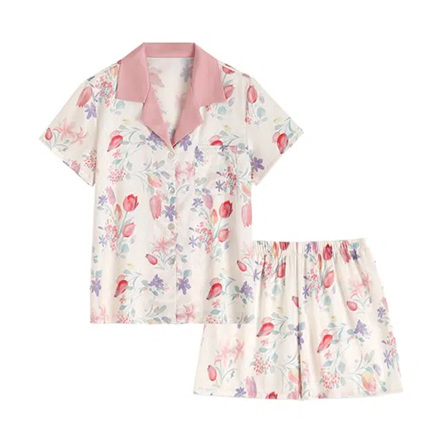 橡柠派 冰丝睡衣女印花彩绘高颜值短袖短裤两件套夏季薄款家居服 家居套装 女款 蜜桃粉