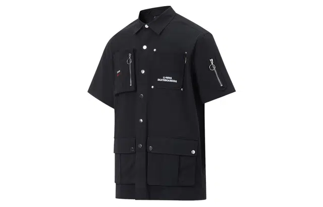 中国李宁 黄金年代 字母印花宽松休闲单排扣短袖衬衫 男款 黑色