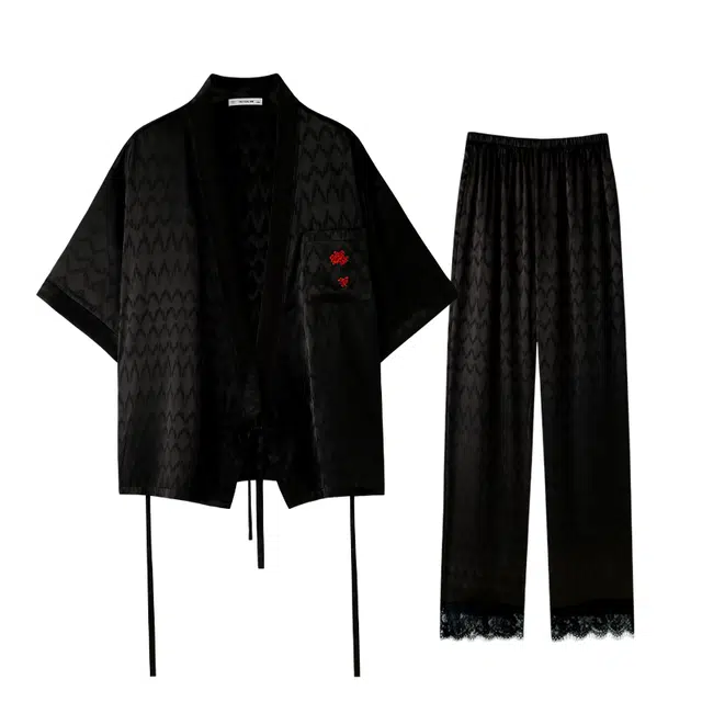 美腾 冰丝睡衣夏季薄款中袖简约家居服长裤套装丝绸宽松可外穿 女款 黑色