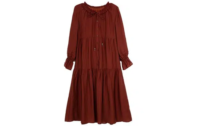 小镇姗姗 抽褶花边复古纯色长袖连衣裙 复古红
