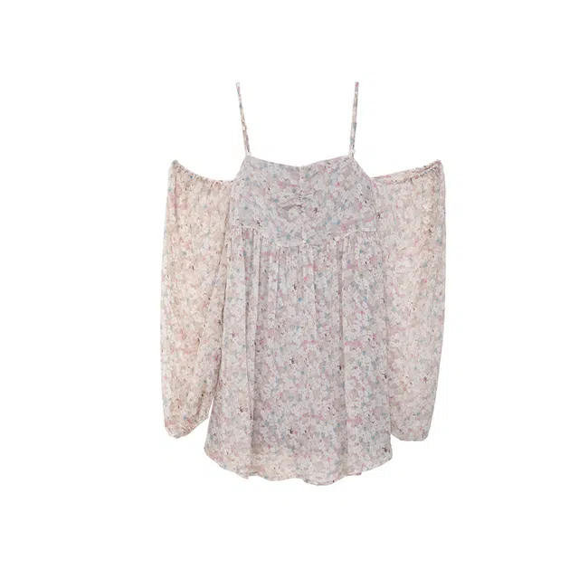 小镇姗姗 塔莎花园~雪纺碎花连衣裙女灯笼袖吊带蓬蓬裙子女夏