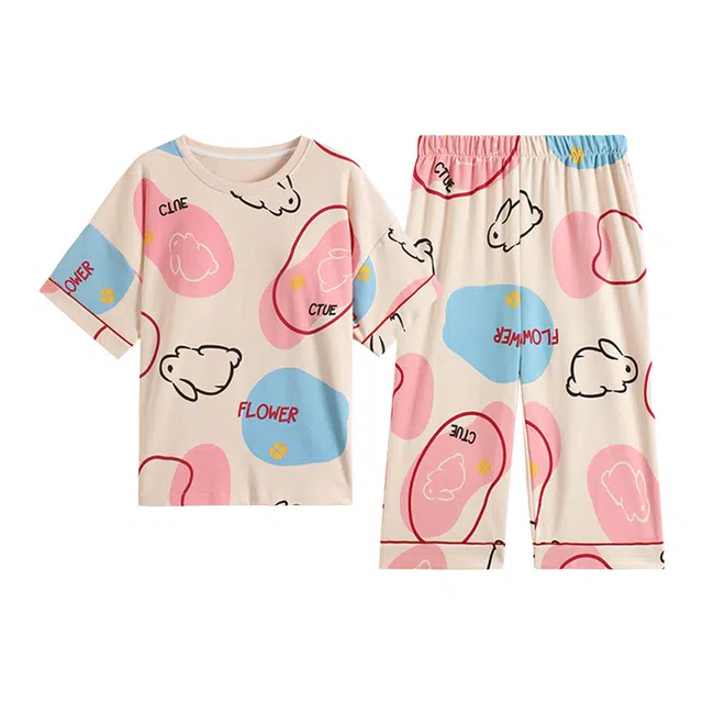 橡柠派 夏款女士带胸垫睡衣七分裤套装针织棉圆领套头女家居服 女款 粉色