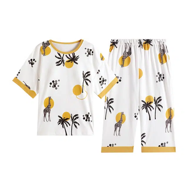 橡柠派 带胸垫睡衣女夏季短袖七分裤大码睡衣两件套学生休闲家居服 女款 白色