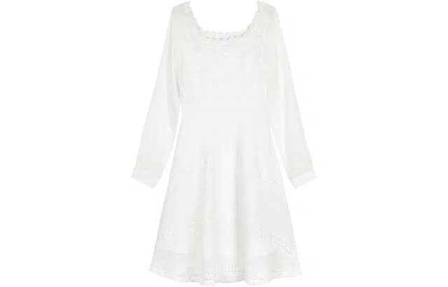 小镇姗姗 纯色蕾丝边方领长袖连衣裙 白色