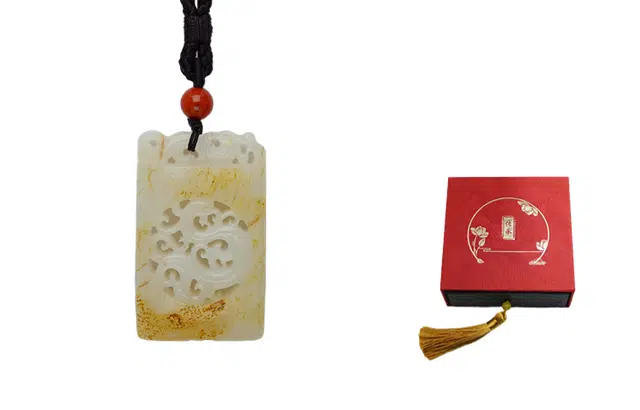 蓝品 和田玉白玉老坑玉石原皮龙凤呈祥平安牌 国潮玉牌挂件 和田玉 和田玉吊坠 男女同款情侣款